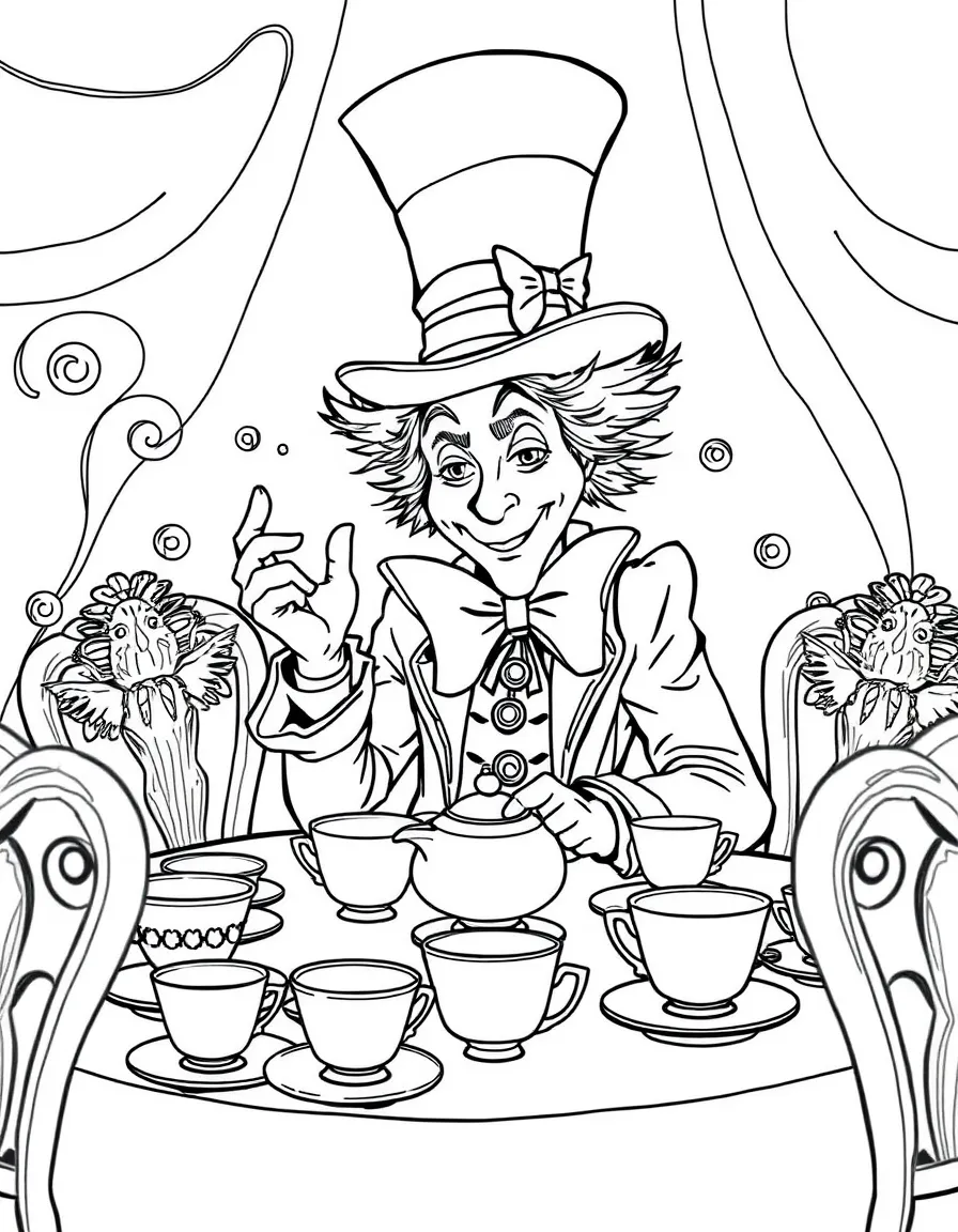 The Mad Hatter hosting a tea party with mismatched teacups and saucers