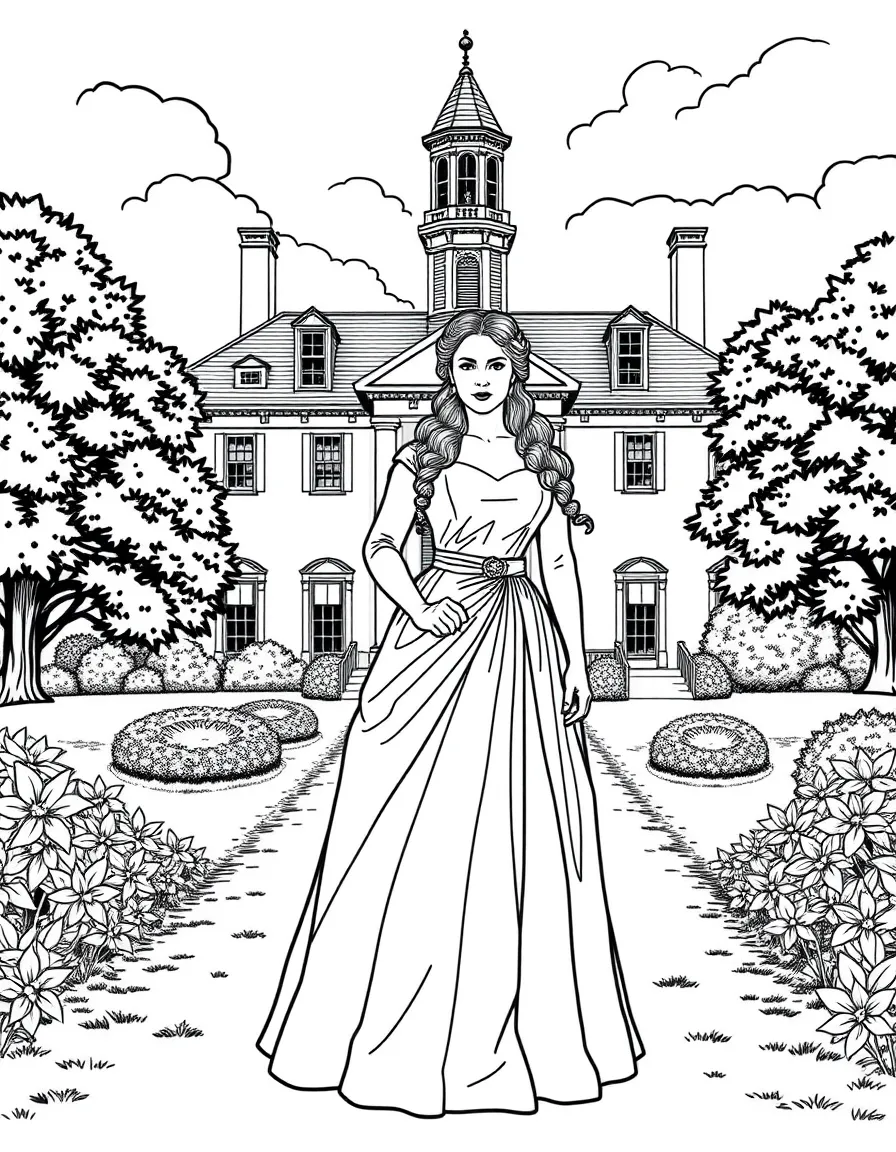 Scarlett O'Hara from "Gone with the Wind" standing in front of Tara plantation