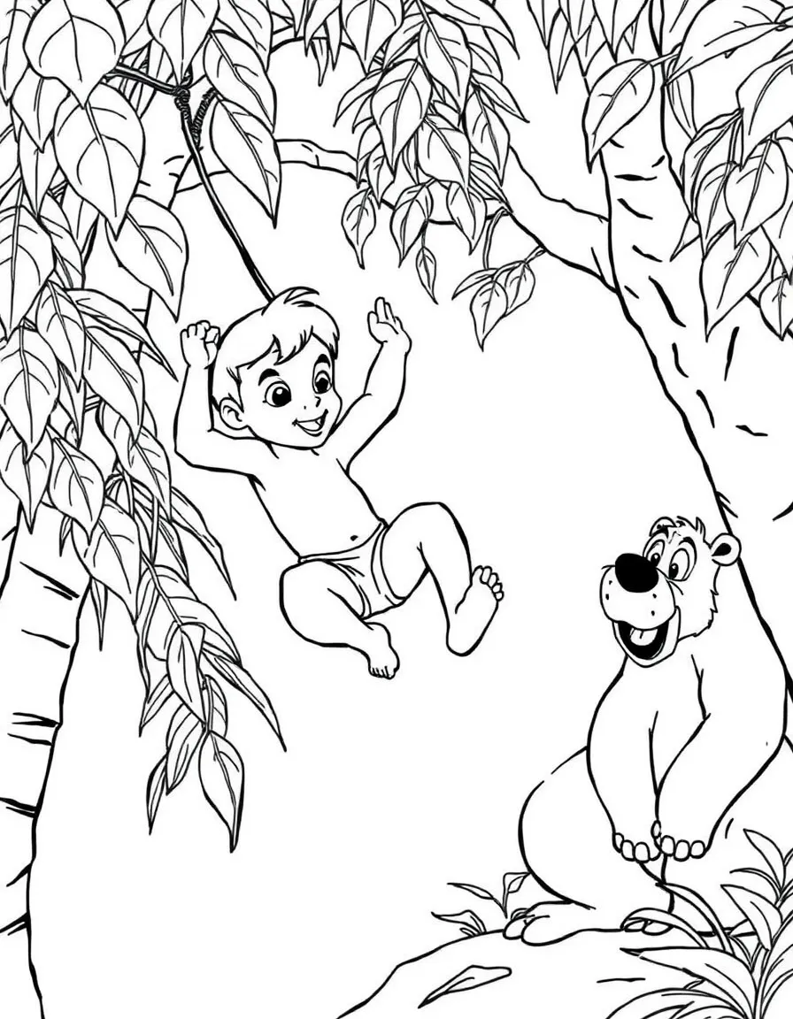 Mowgli from "The Jungle Book" swinging on vines with Baloo the bear watching