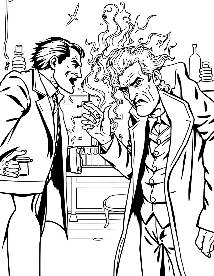 Dr. Jekyll transforming into Mr. Hyde with a laboratory in the background