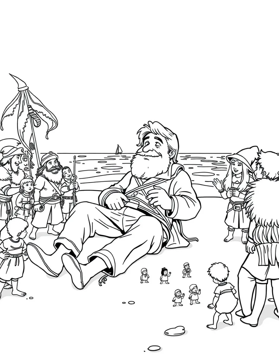 Gulliver tied down by tiny Lilliputians on the beach