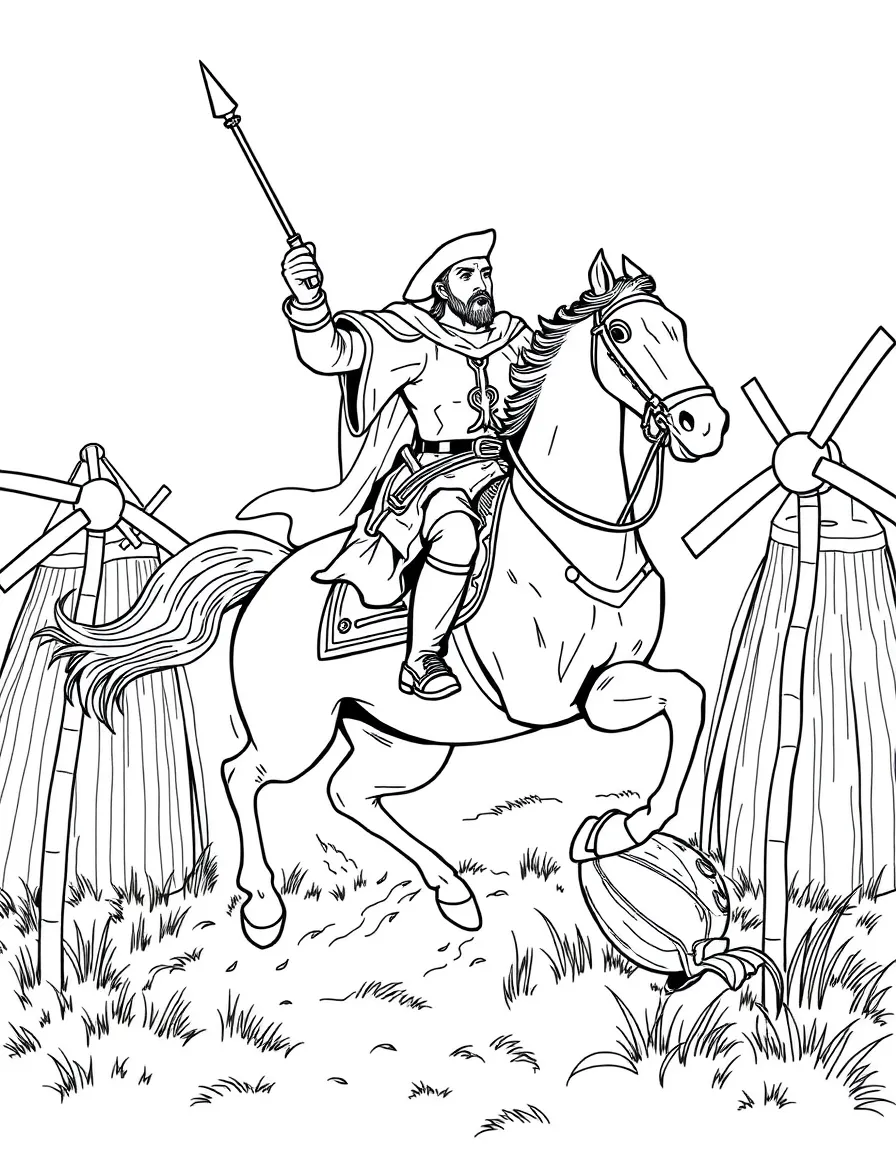 Don Quixote charging at windmills on his horse Rocinante