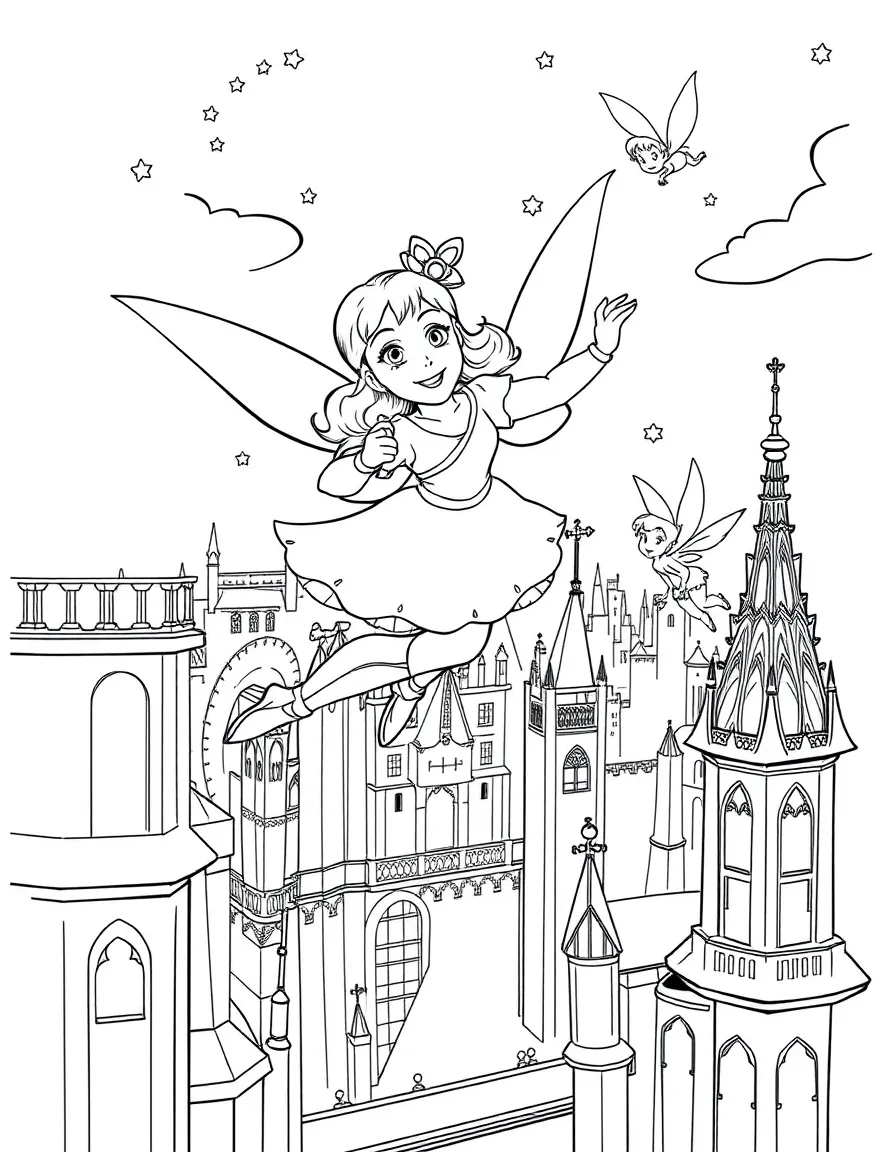 Wendy Darling flying over London with Peter Pan and Tinker Bell