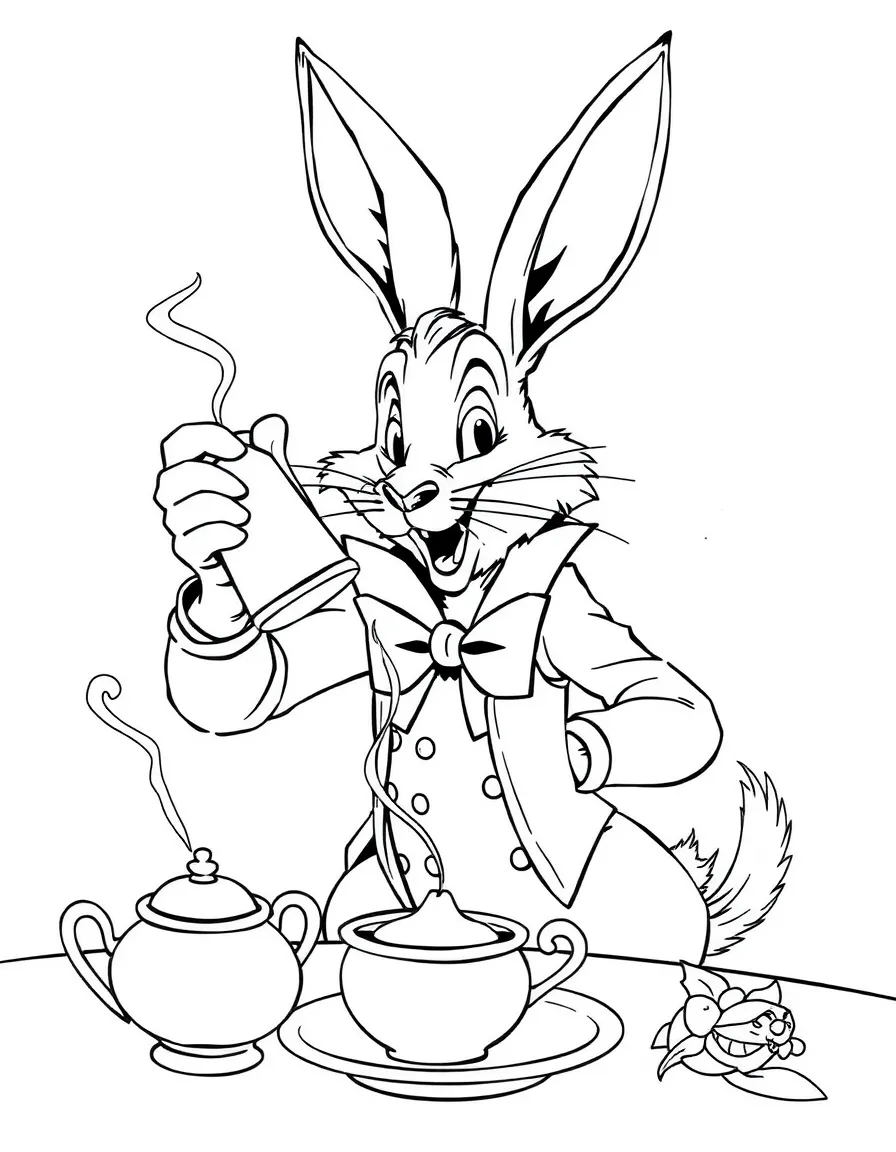 The March Hare from "Alice in Wonderland" frantically stirring tea