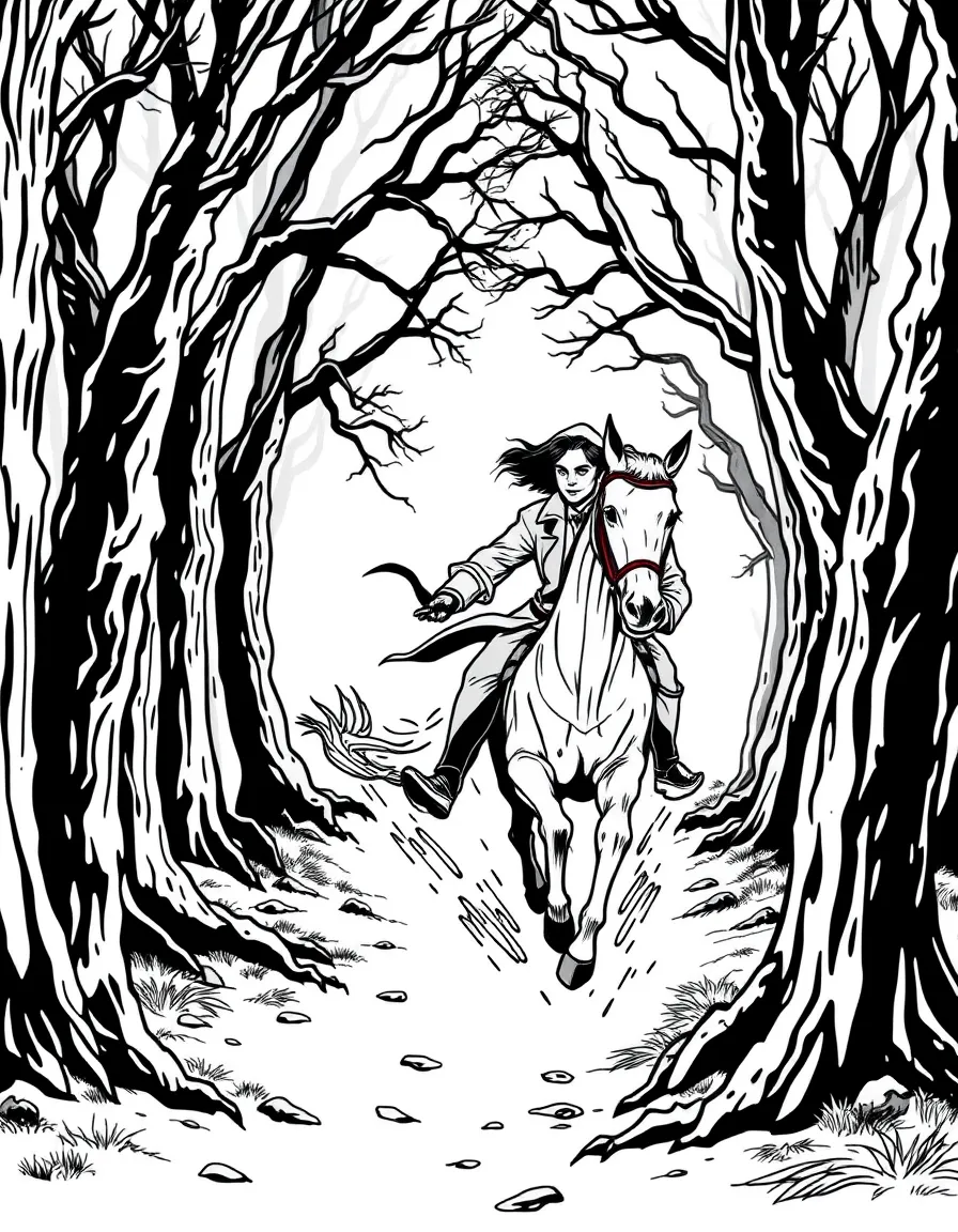 Ichabod Crane being chased by the Headless Horseman through a dark forest
