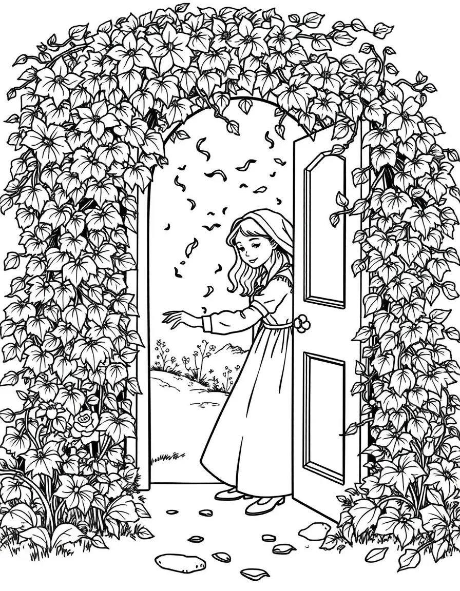 Mary Lennox from "The Secret Garden" pushing open an ivy-covered door