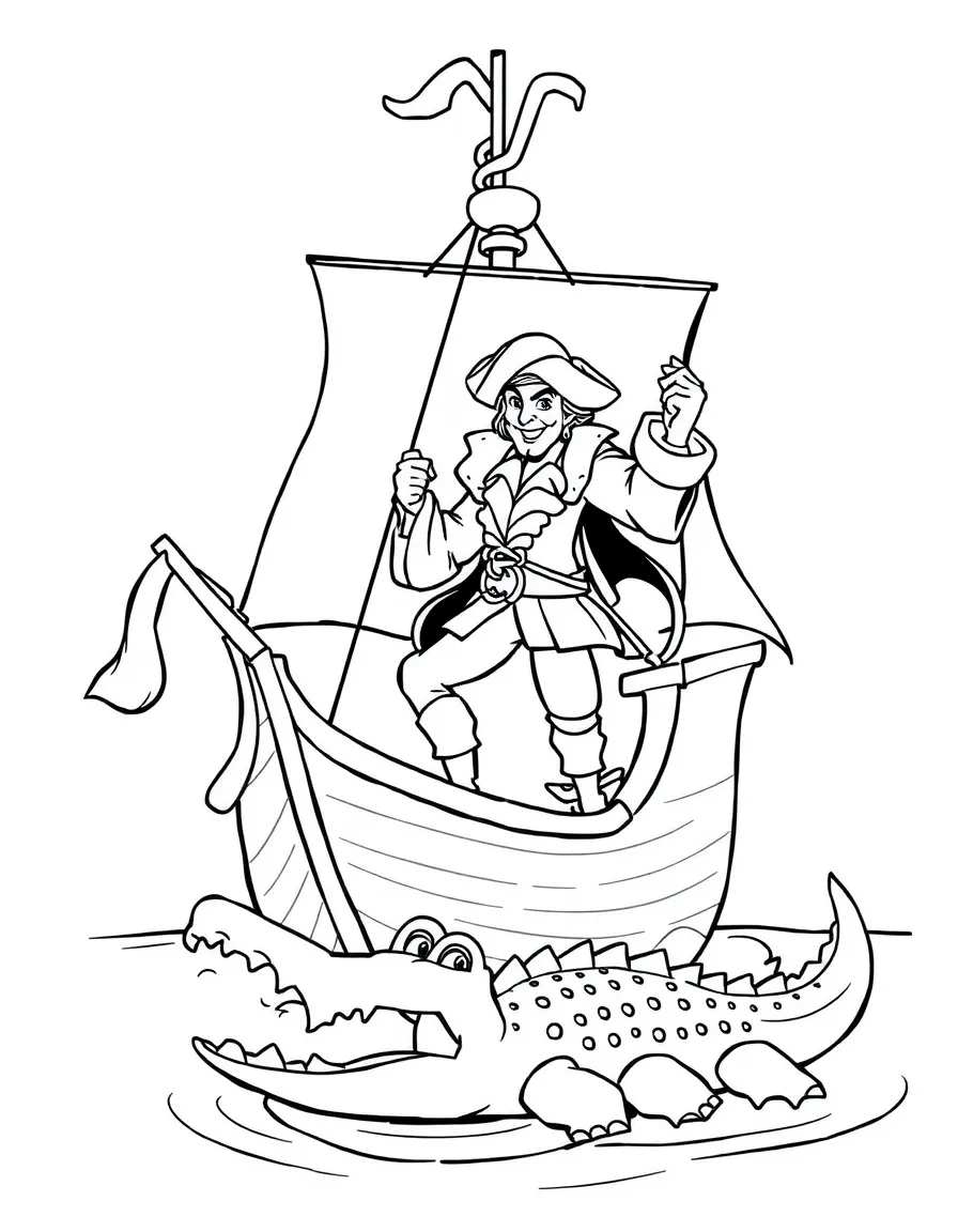 Captain Hook from "Peter Pan" aboard his pirate ship with a crocodile in the water below