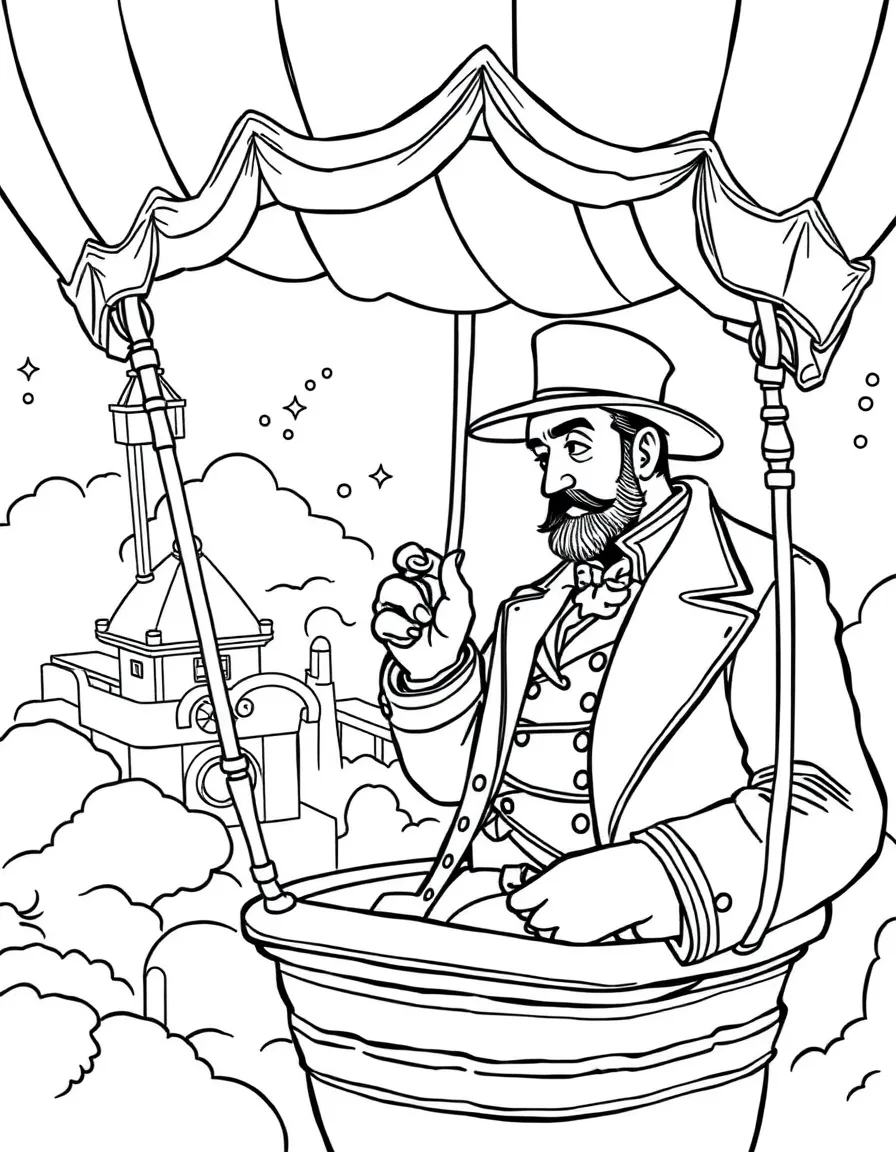 Phileas Fogg from "Around the World in 80 Days" checking his pocket watch in a hot air balloon