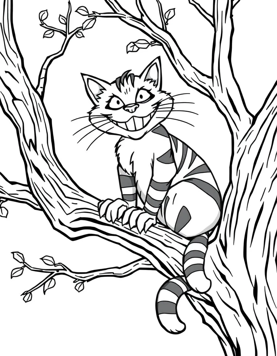 The Cheshire Cat perched on a tree branch with its famous grin