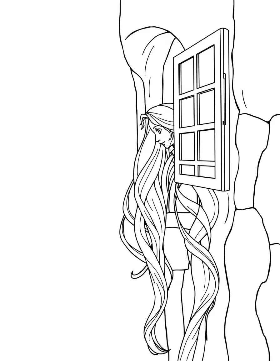 Rapunzel letting down her long hair from her tower window