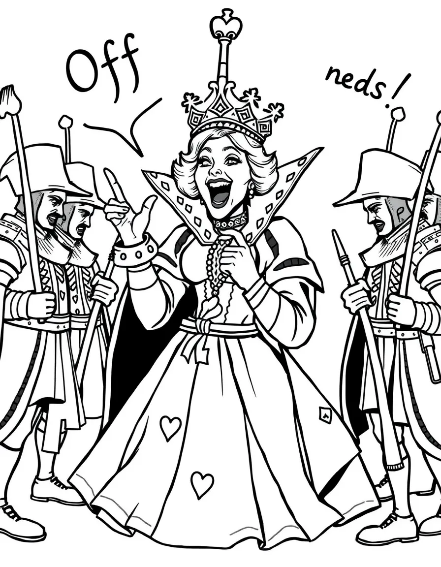 The Queen of Hearts yelling "Off with their heads!" surrounded by playing card guards