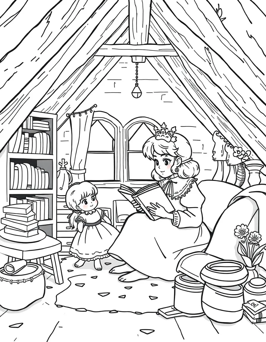Sara Crewe from "A Little Princess" in her attic room telling stories to her doll