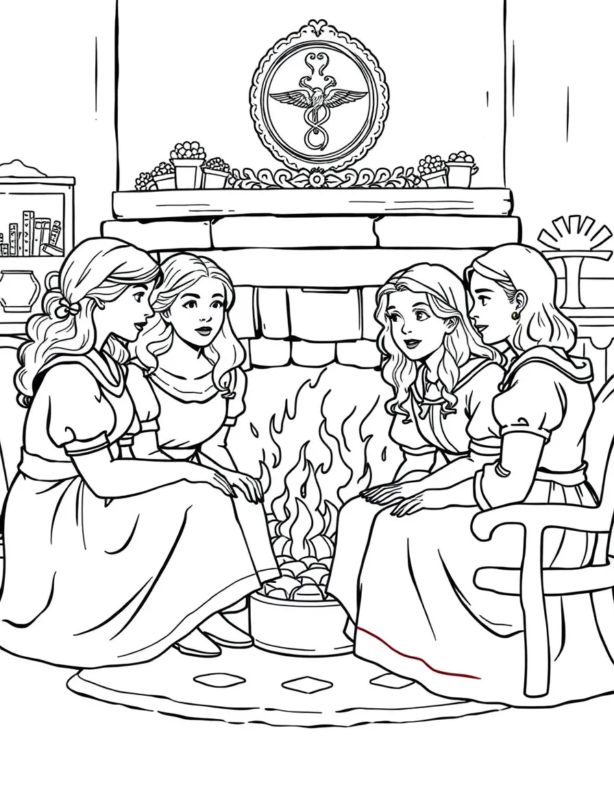 Meg, Jo, Beth, and Amy March from "Little Women" sitting around a fireplace