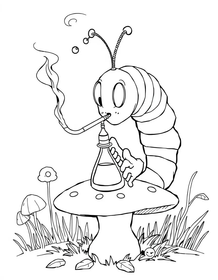 The Caterpillar from "Alice in Wonderland" smoking a hookah on a mushroom
