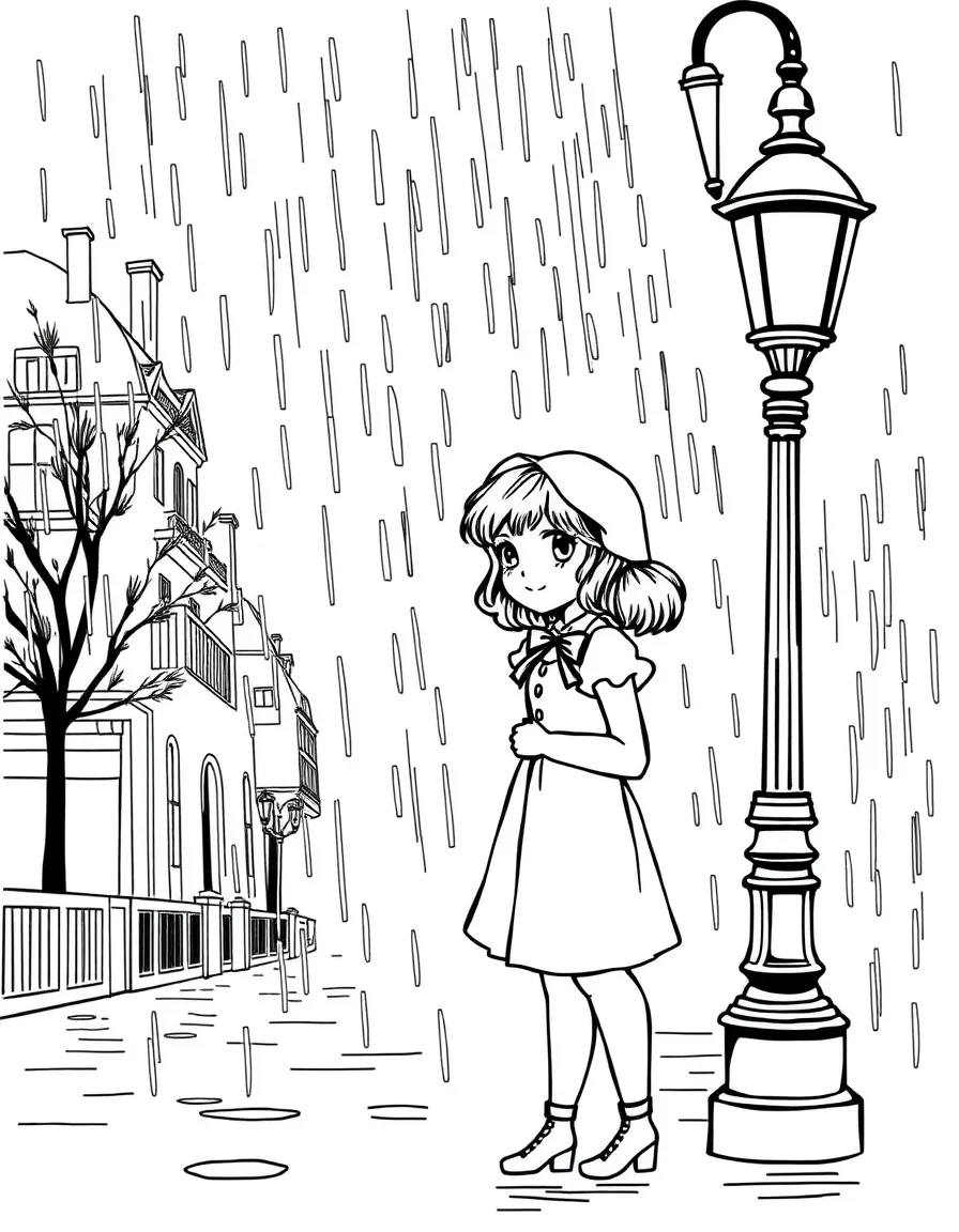 Eponine from "Les Misérables" in the rain by a Parisian streetlamp