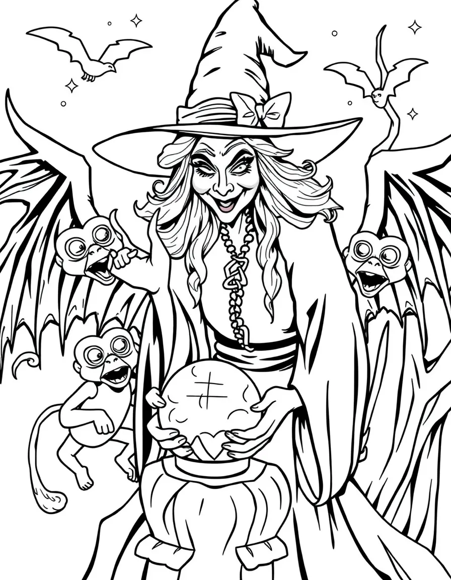 The Wicked Witch of the West with her flying monkeys and crystal ball