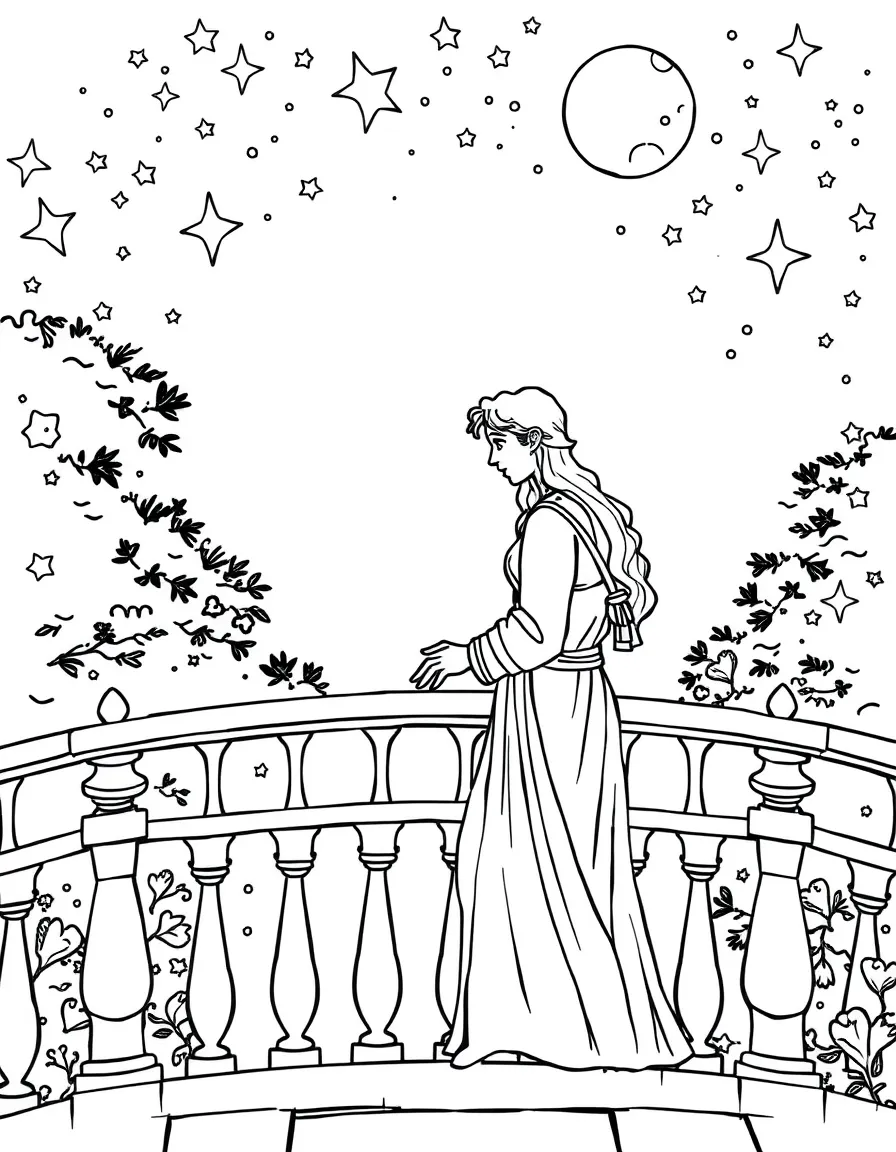 Romeo and Juliet on the balcony surrounded by stars and moonlight