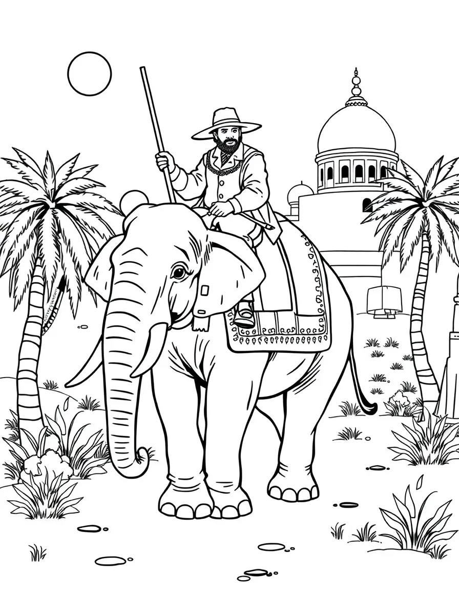 Passepartout from "Around the World in 80 Days" riding an elephant in India
