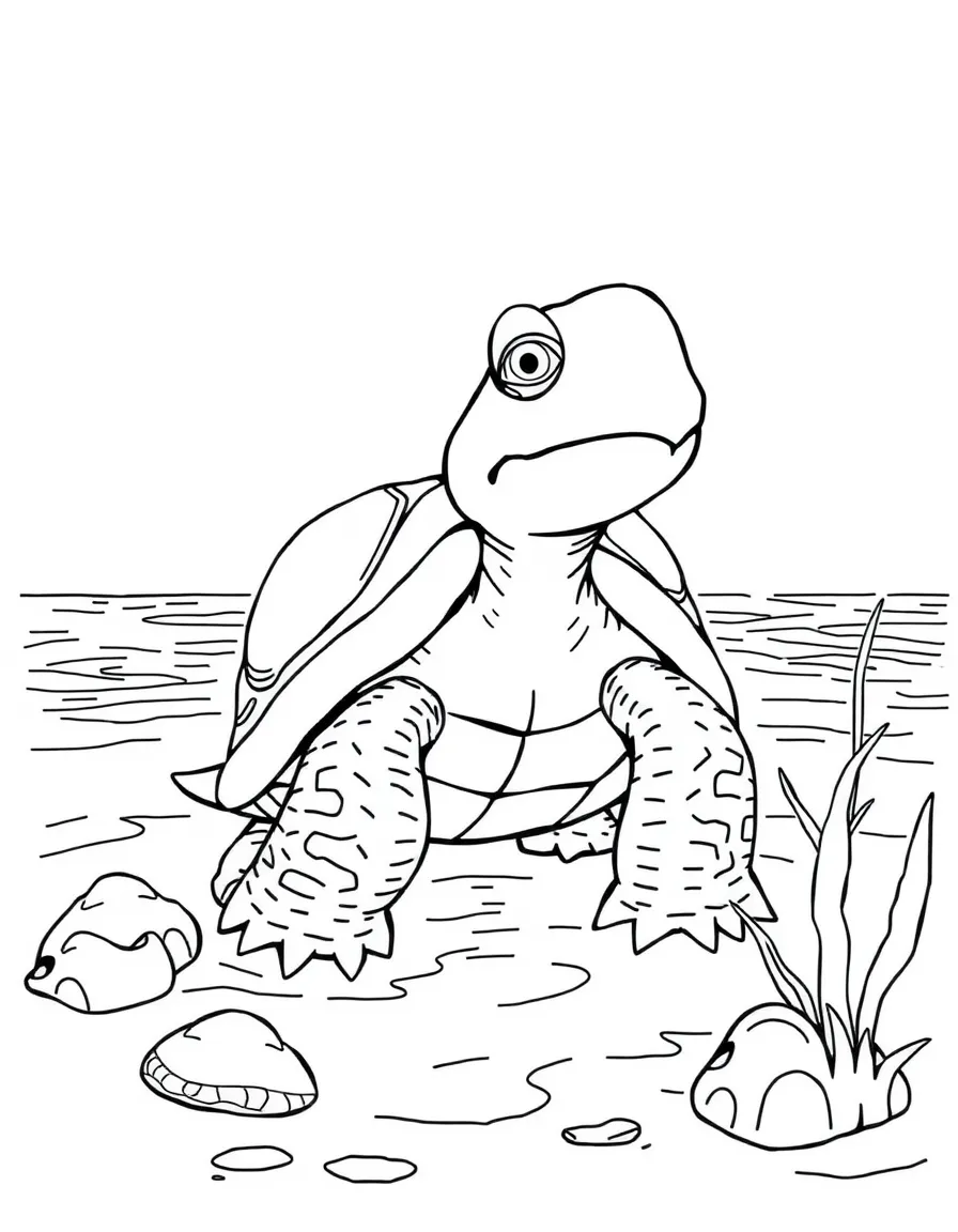 The Mock Turtle from "Alice in Wonderland" singing sadly by the seashore