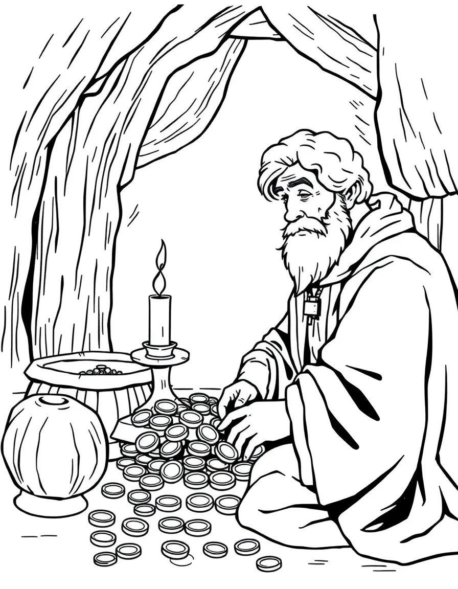 Silas Marner counting his gold coins by candlelight