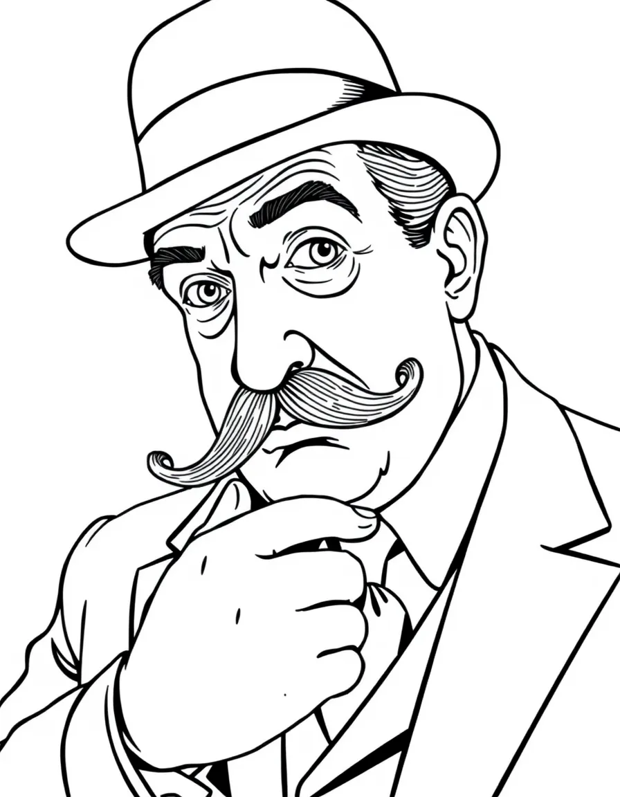 Hercule Poirot meticulously grooming his mustache while thinking