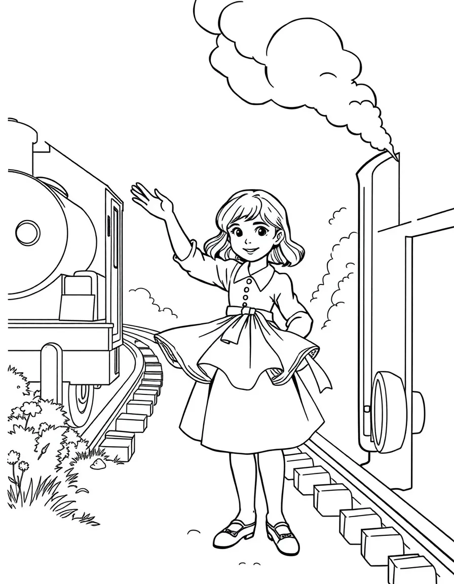 Peggy from "The Railway Children" waving her red petticoat to stop the train
