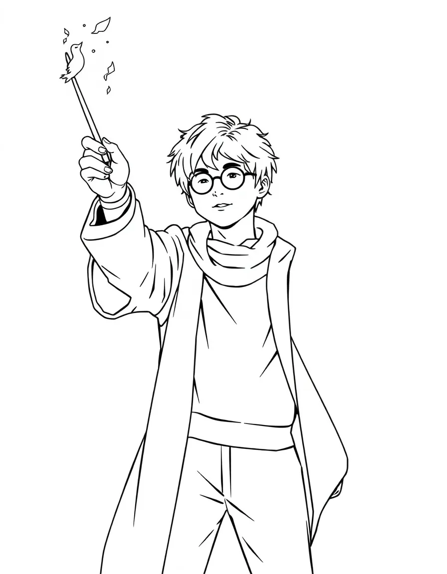 Harry Potter casting his Patronus charm with his wand raised high