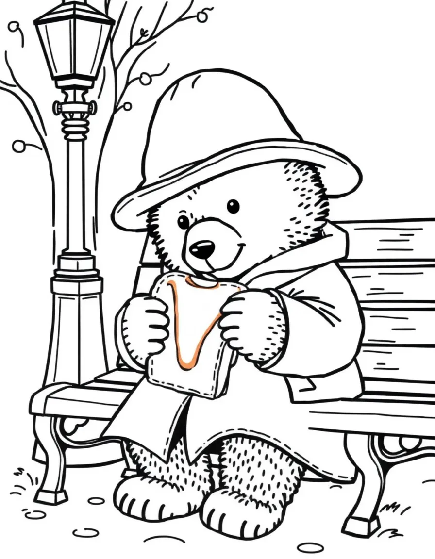 Paddington Bear enjoying a marmalade sandwich on a London bench