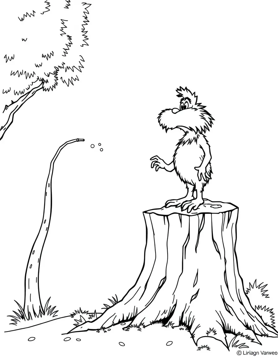 The Lorax standing on a tree stump speaking for the trees