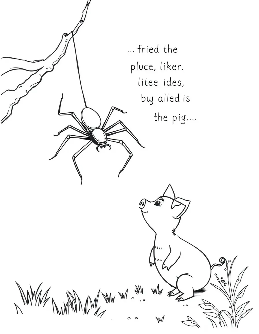 Charlotte the spider spinning her web with words above Wilbur the pig