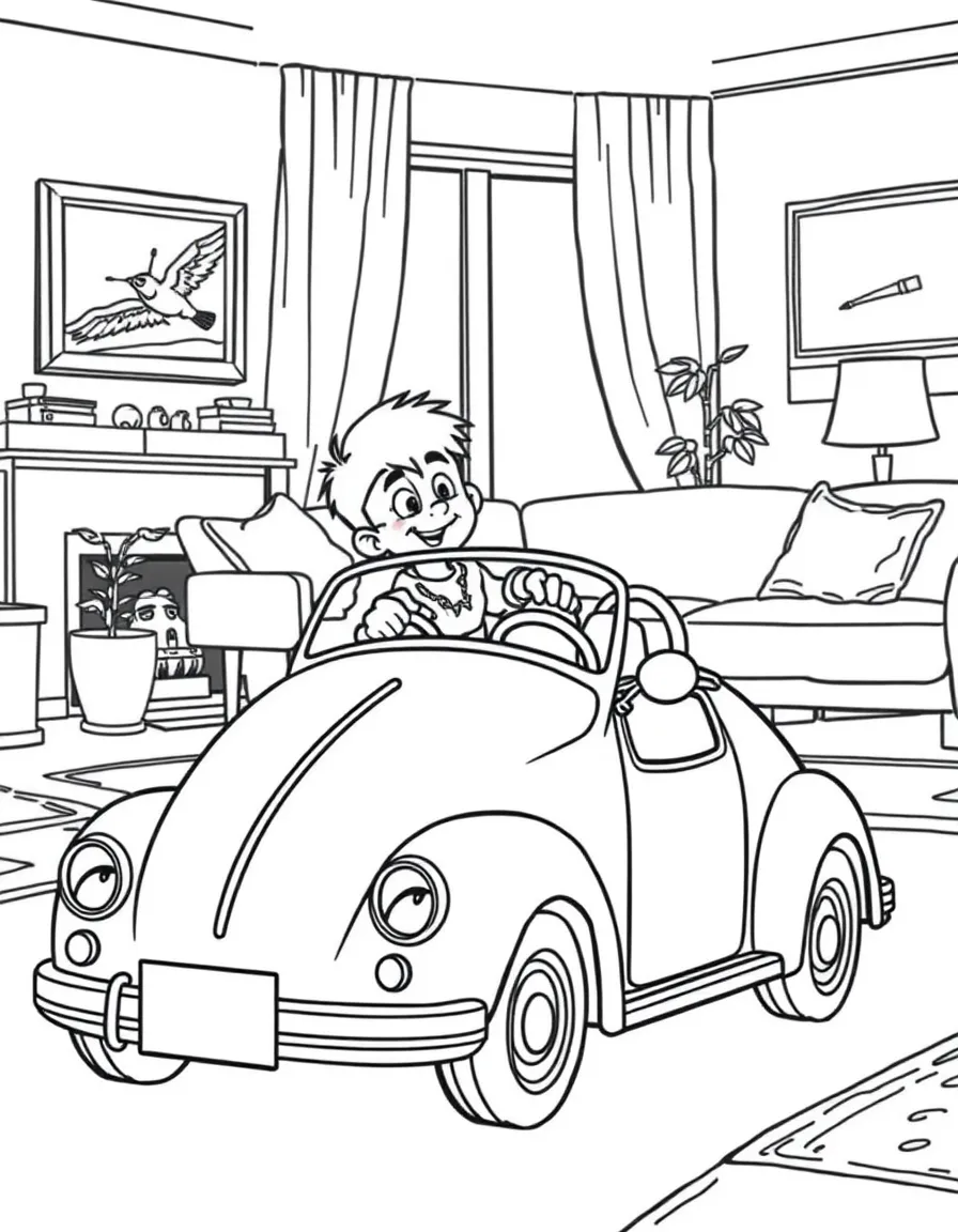 Stuart Little driving his miniature car through a human-sized living room
