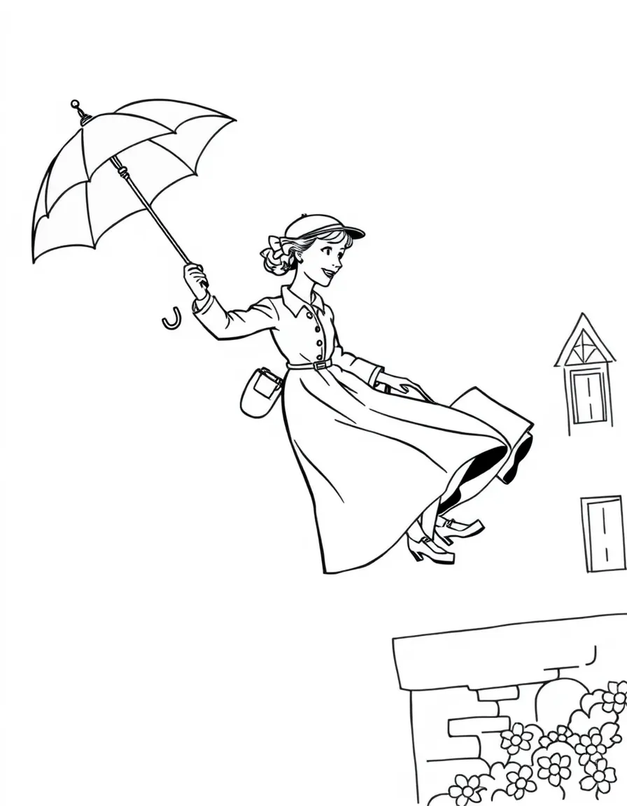Mary Poppins floating down with her umbrella and carpetbag
