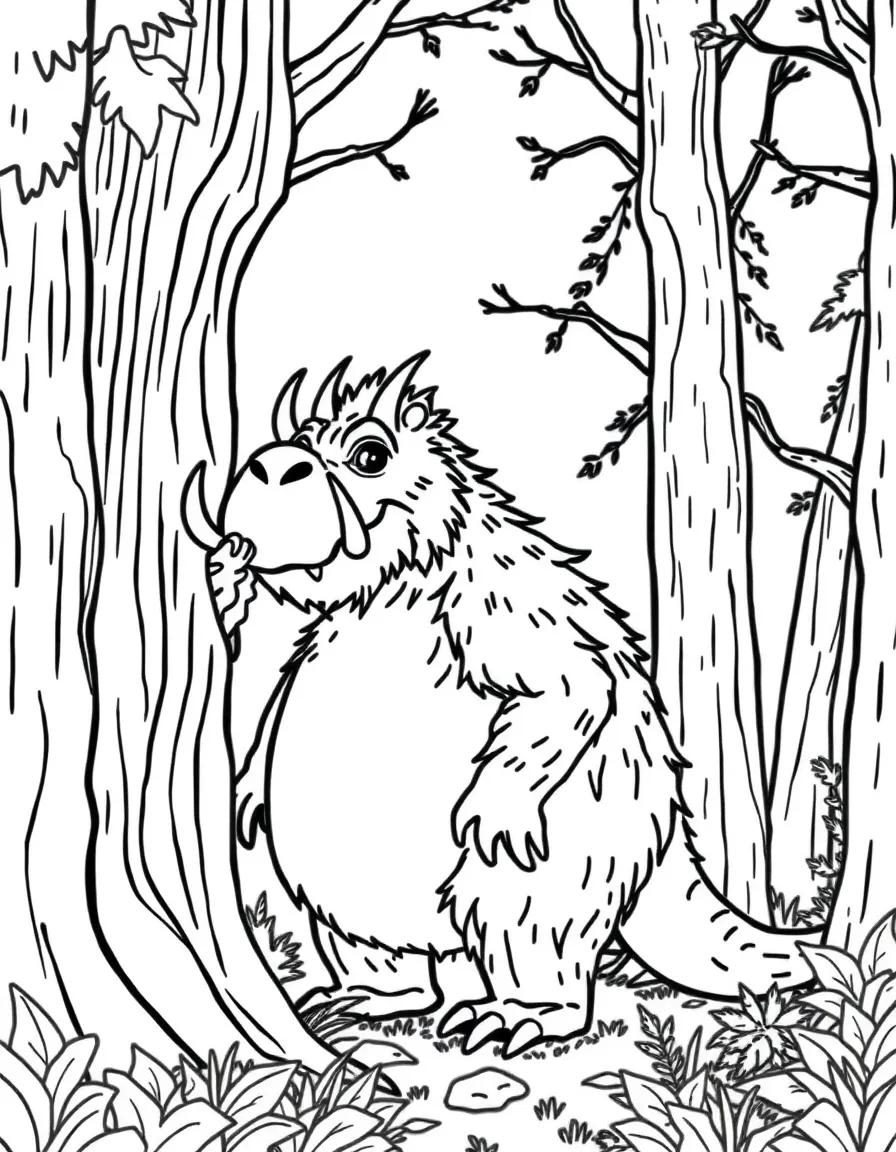 The Gruffalo standing in the deep dark wood with mouse hiding behind a tree