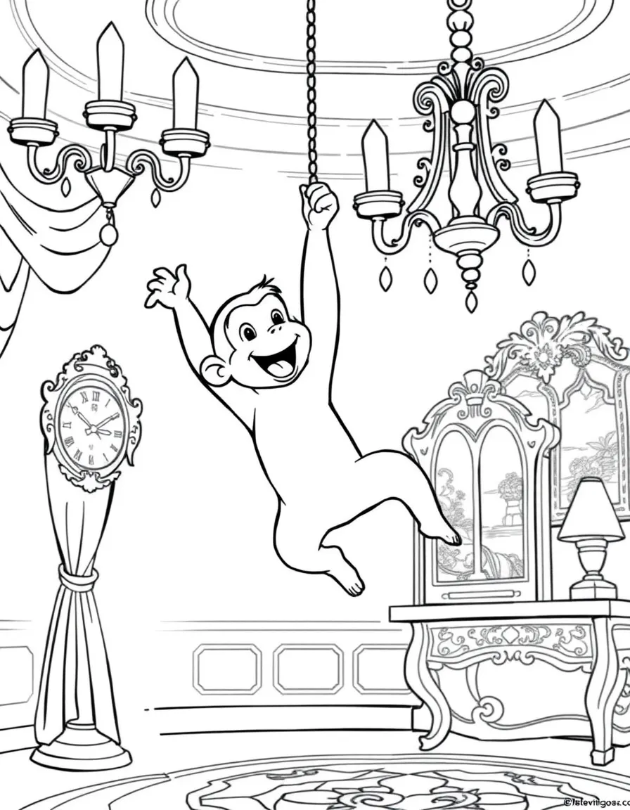 Curious George swinging from a chandelier in a fancy room