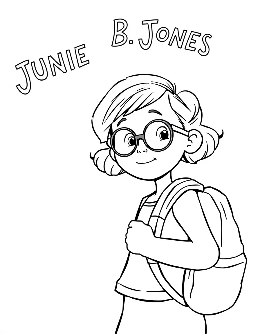 Junie B. Jones with her glasses and backpack on her first day of school