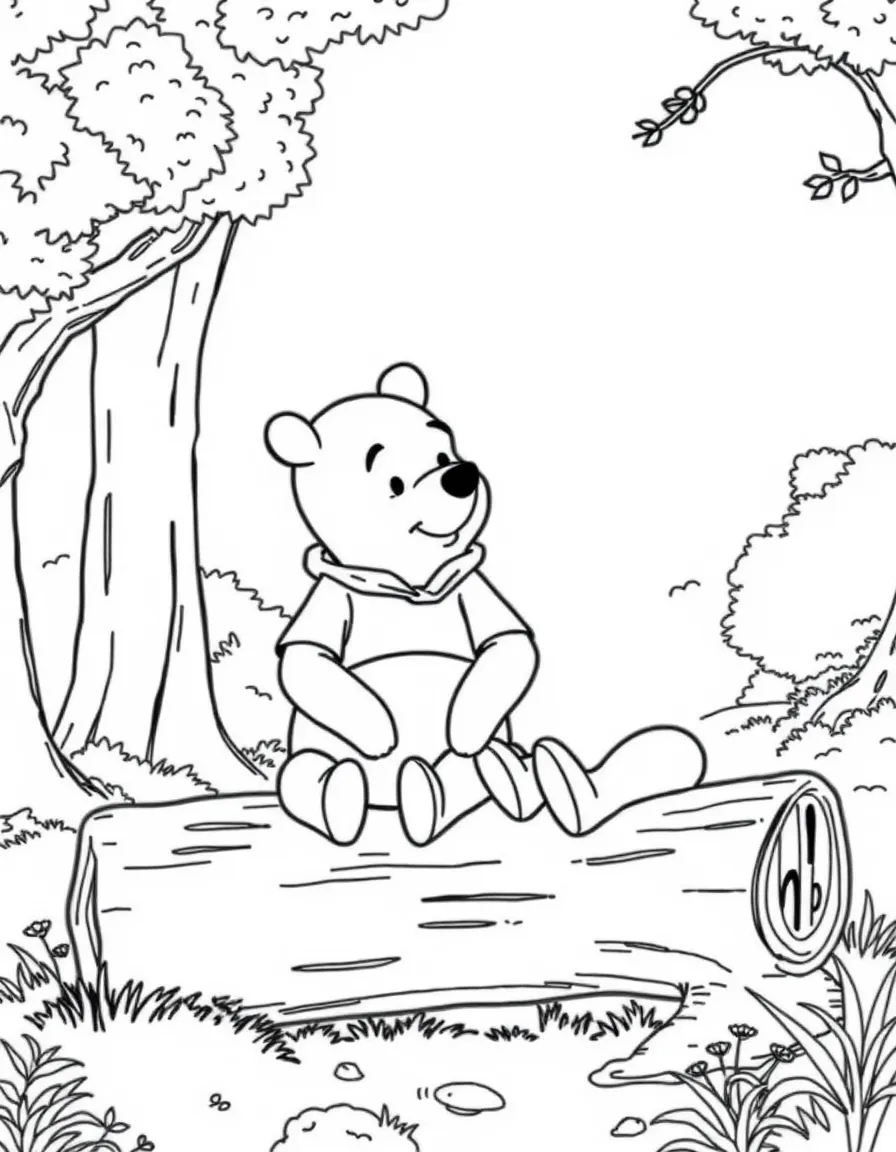 Christopher Robin and Pooh Bear sitting on a log in the Hundred Acre Wood