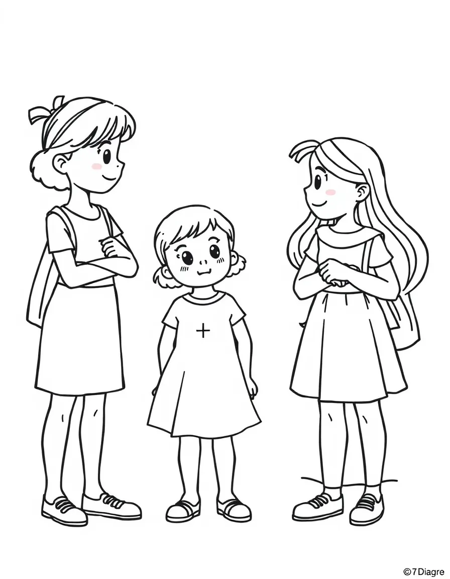 Madeline with her classmates in two straight lines, the smallest one with a appendix scar