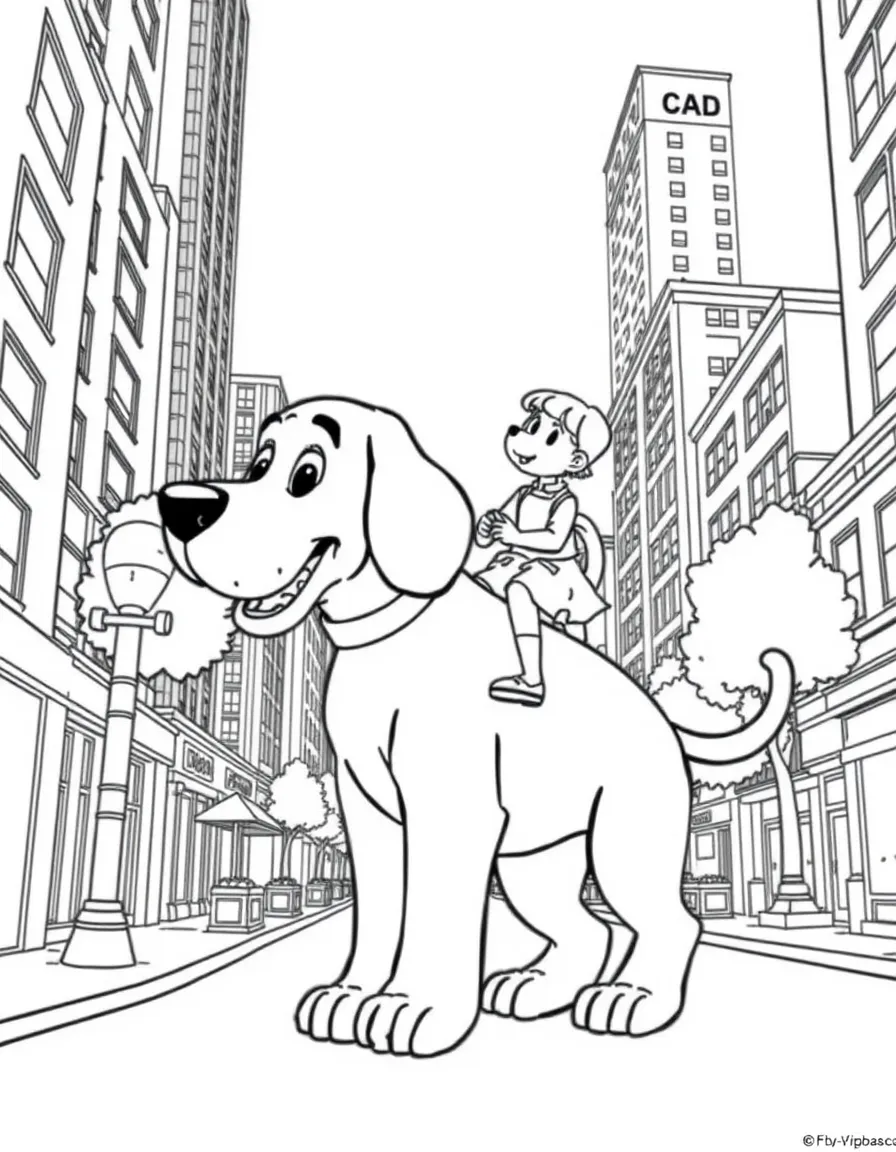 Clifford the Big Red Dog taking up an entire city block while Emily Elizabeth rides on his back