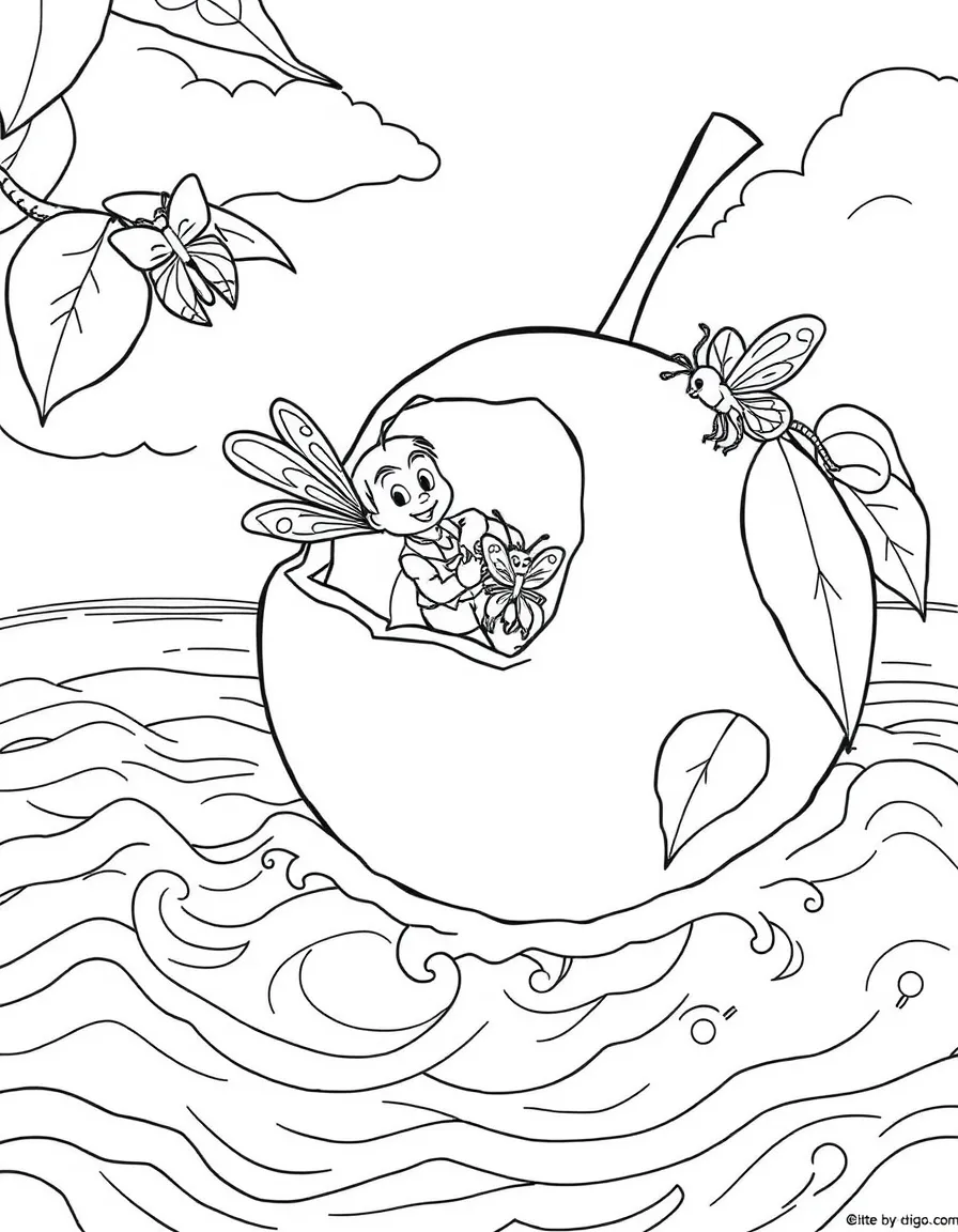 James inside the giant peach with his insect friends flying over the ocean