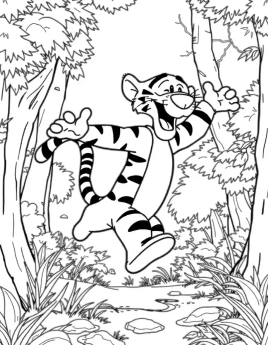 Tigger bouncing enthusiastically through the forest on his tail