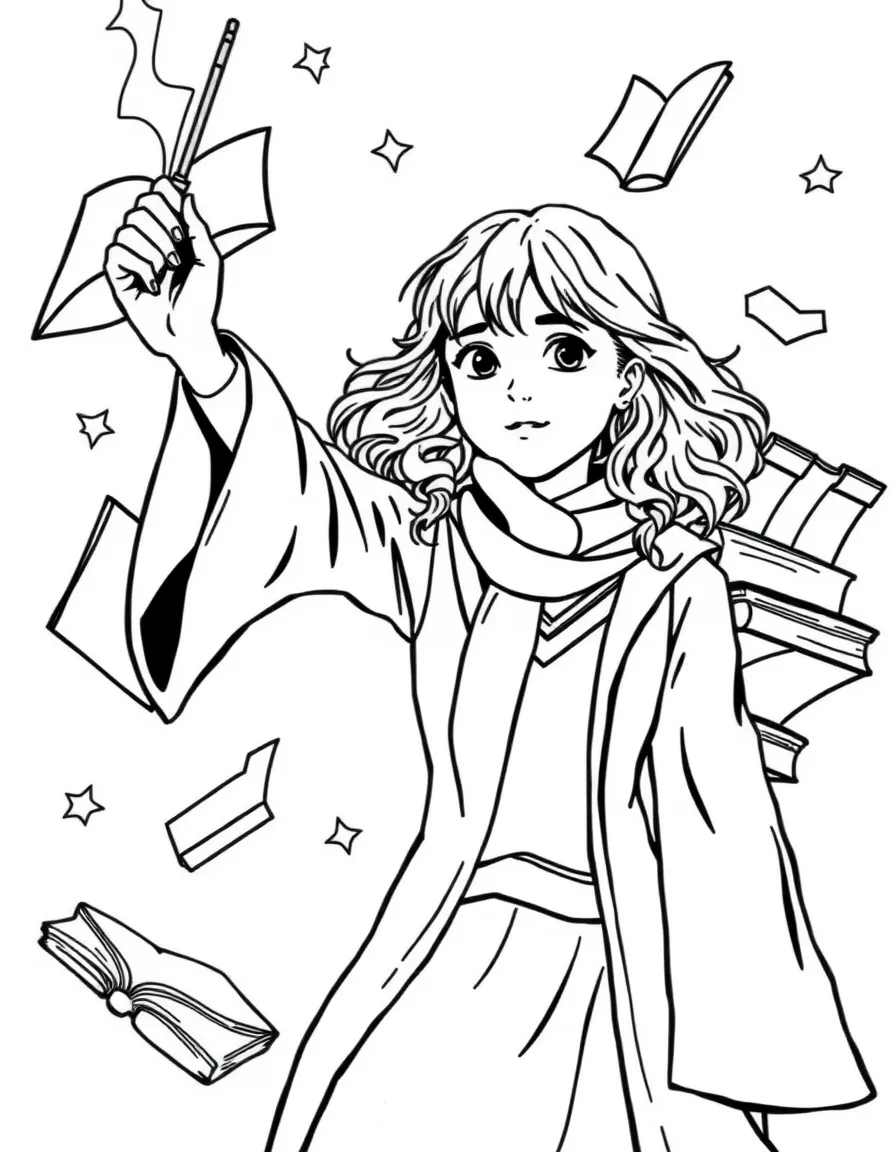 Hermione Granger with her wand raised, surrounded by floating books