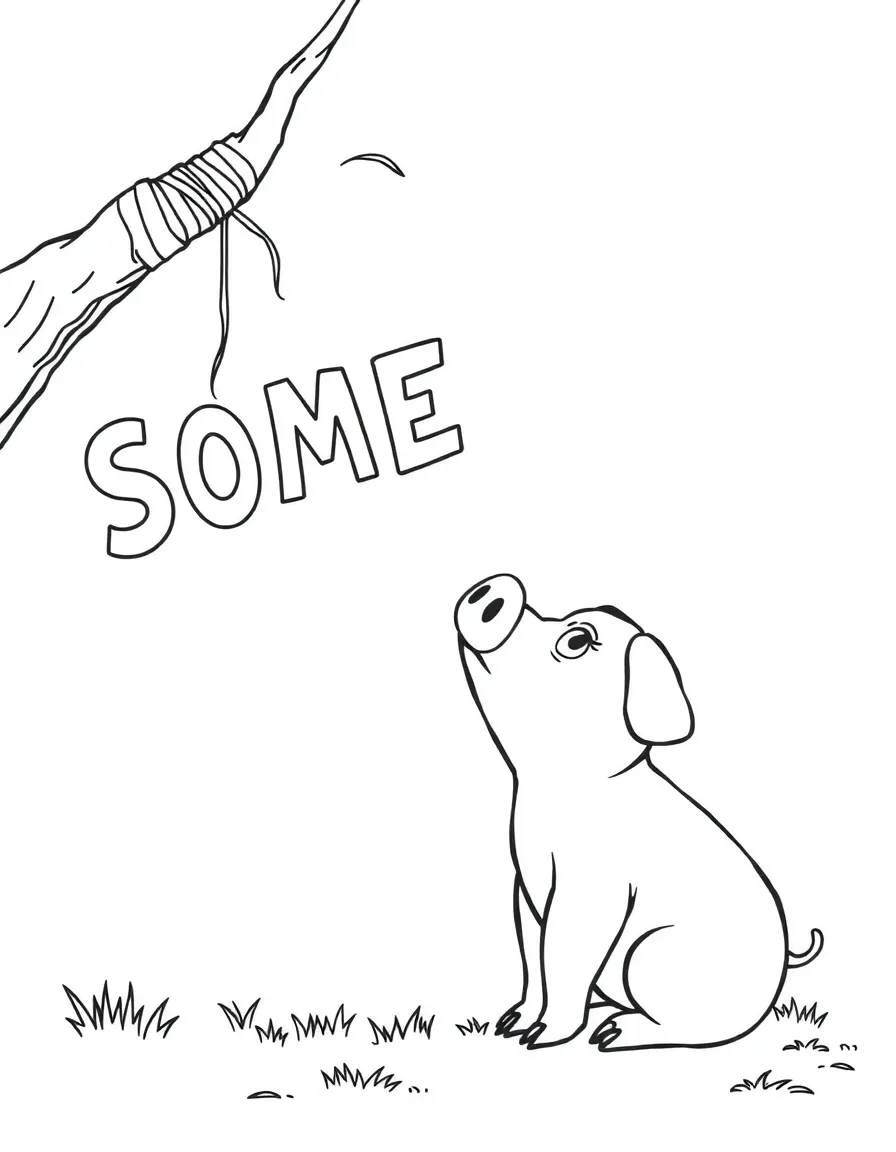 Wilbur the pig looking up at Charlotte's web spelling "SOME PIG"