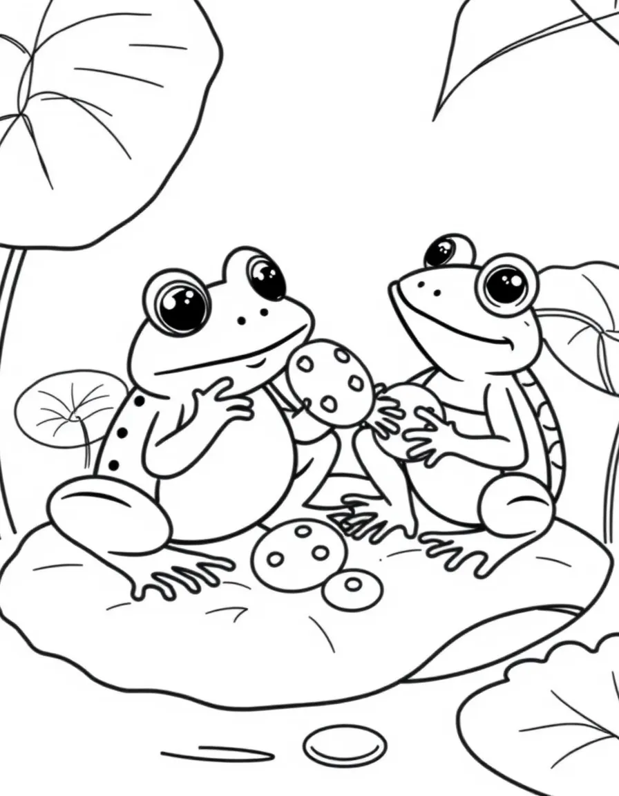 Frog and Toad sitting on a lily pad sharing cookies