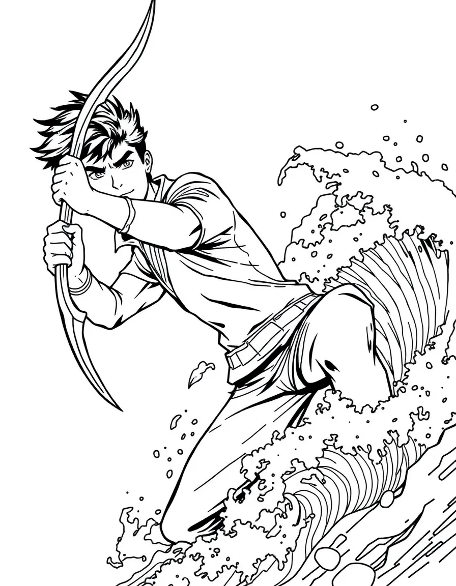 Percy Jackson wielding Riptide with ocean waves behind him