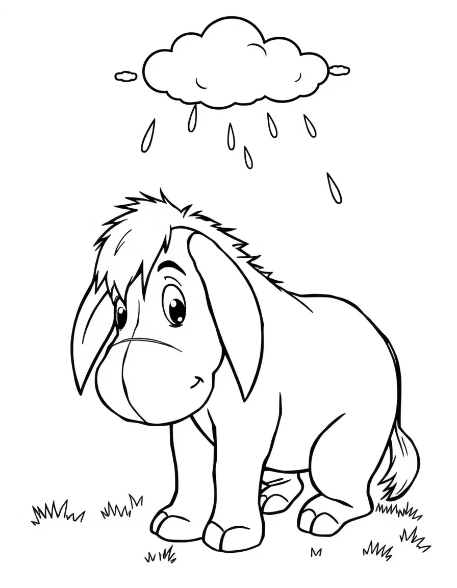 Eeyore with his tail pinned on, rain cloud above his head