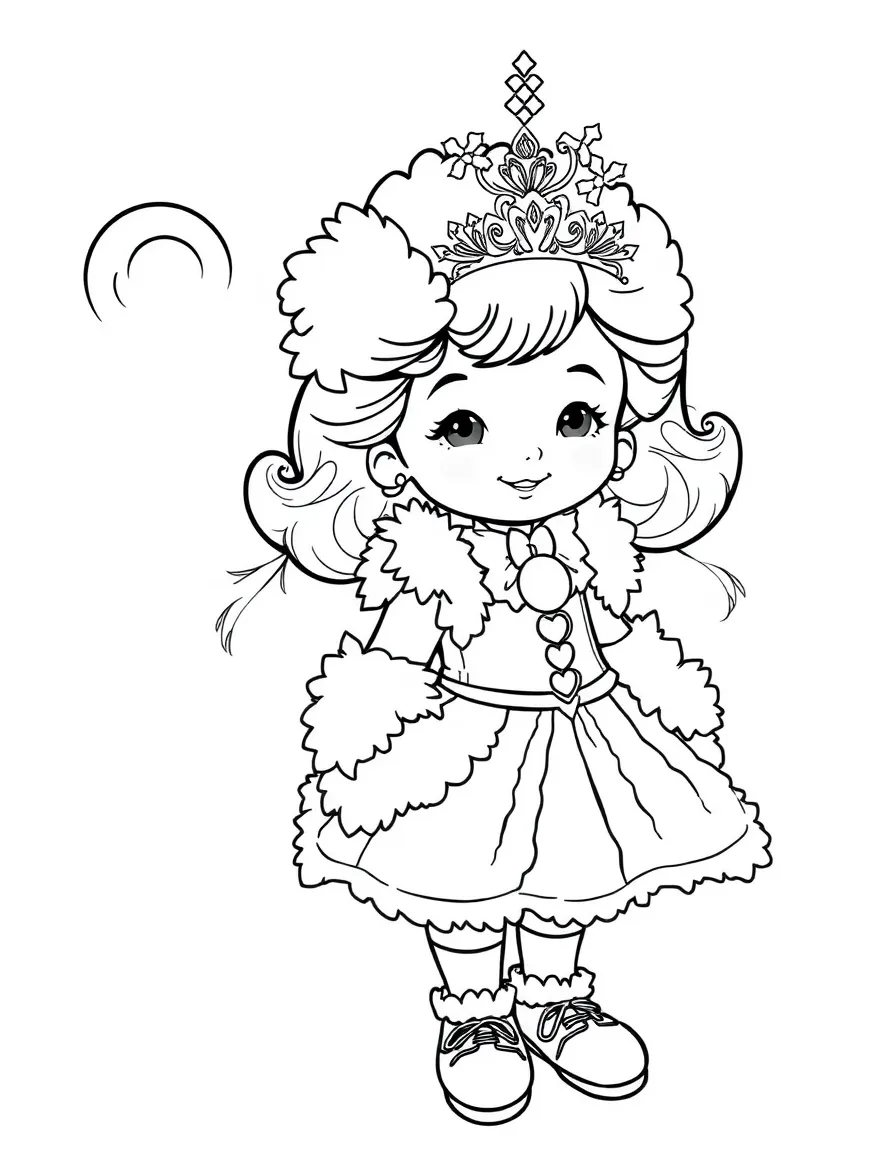 Fancy Nancy in her most elaborate outfit with boas and tiaras