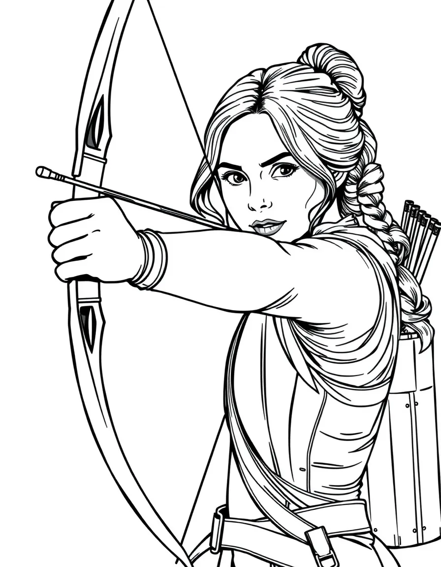 Katniss Everdeen from "The Hunger Games" with her bow drawn