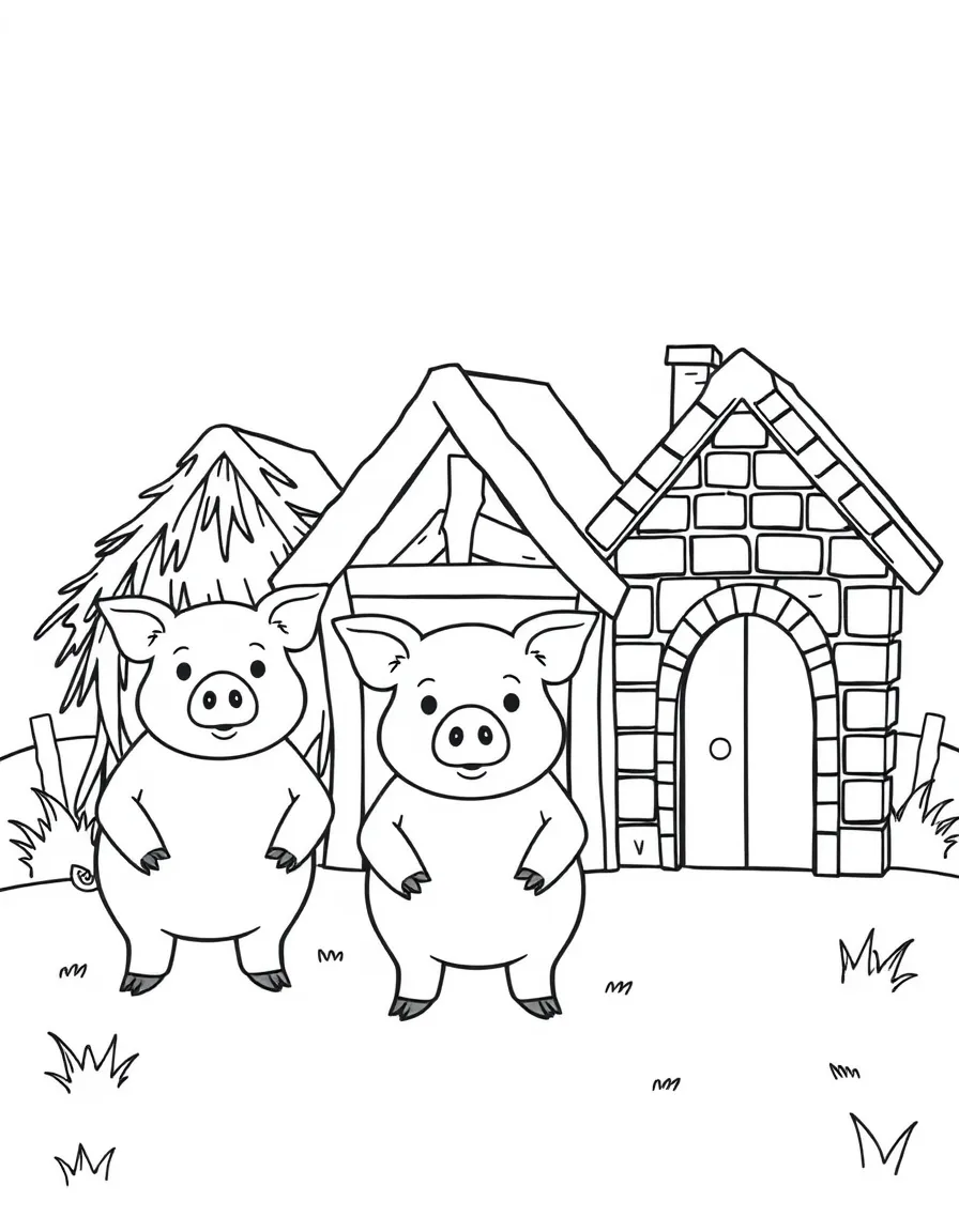 The three little pigs standing in front of their houses of straw, sticks, and bricks