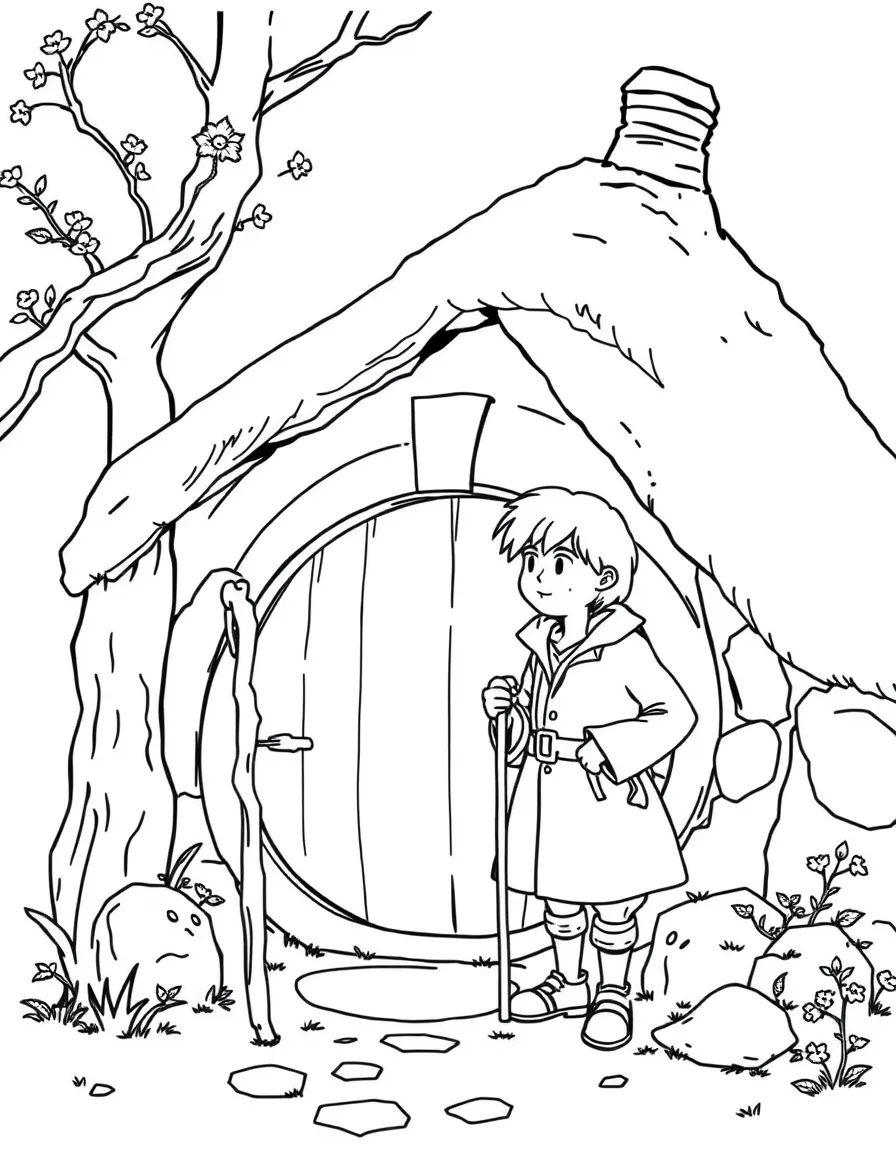Bilbo Baggins standing outside his hobbit hole with his walking stick