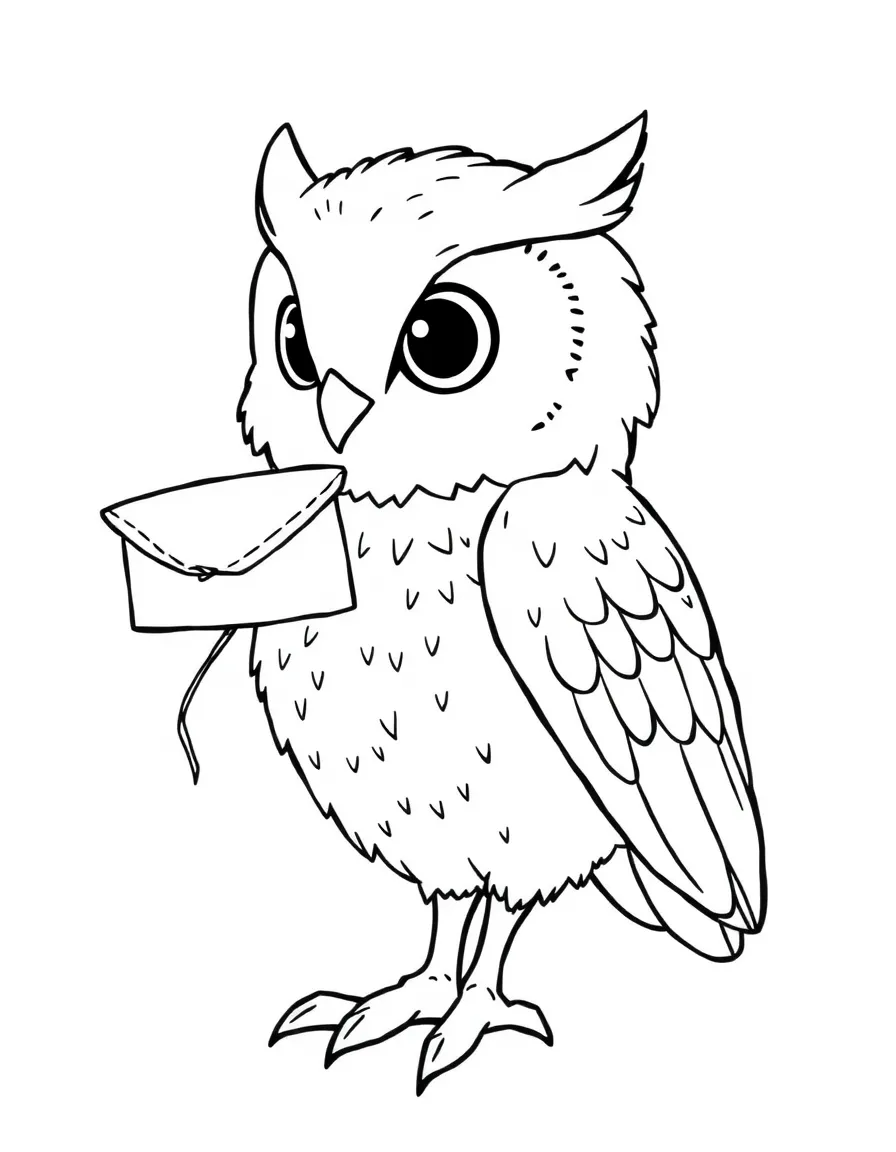 Hedwig the owl delivering mail with a letter tied to her leg